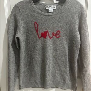 Future Paradise cashmere crewneck gray sweater with a red love script graphic